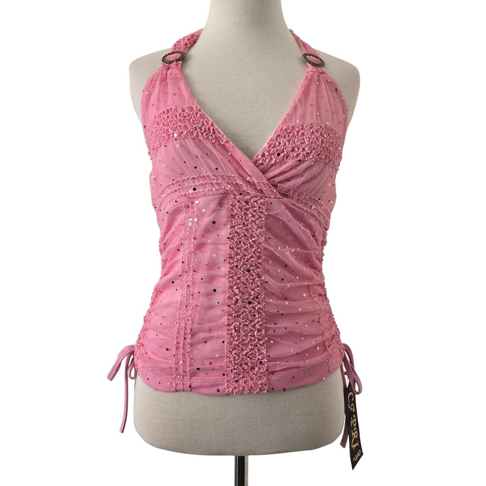 NWT Capri Pink Sequin Mesh Halter Top Y2K Ruched Side Tie Ring Detail Size 2 S